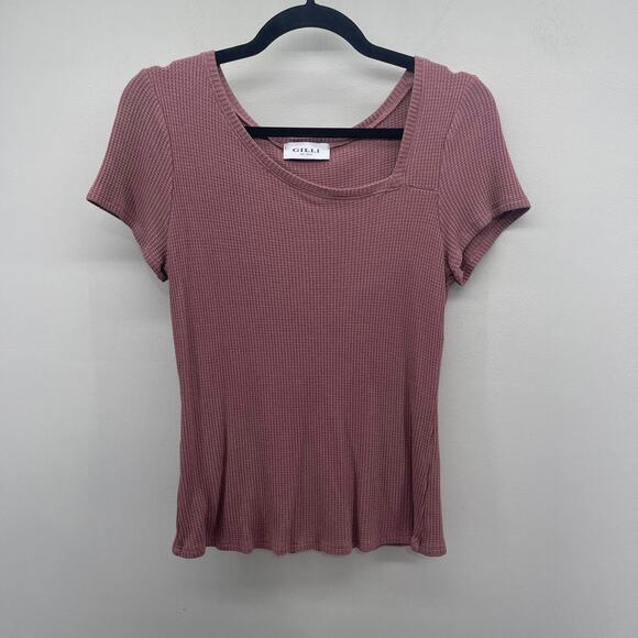 Gilli Waffle Knit Tee Womens Medium Mauve Rose Asymmetric Neckline Short Sleeve - Picture 1 of 5